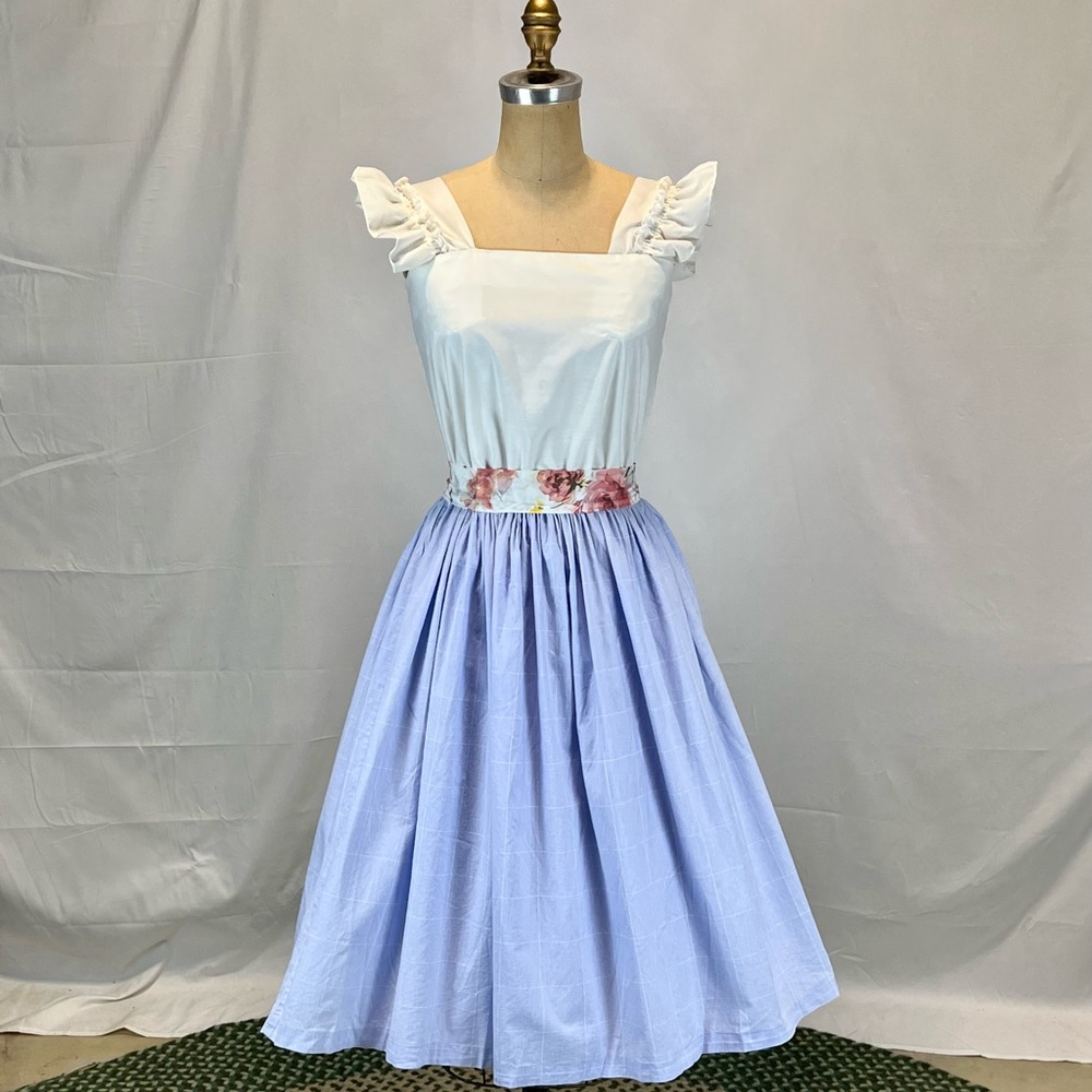 VINTAGE 80s lavender garden party dress‎ eyelet lace ruffle fit flare sleeveless - Picture 14 of 14